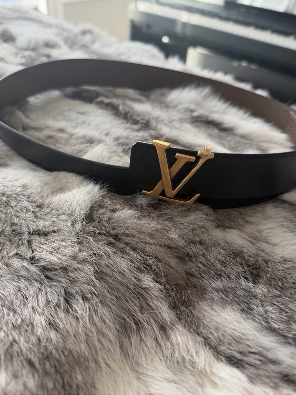 Louis Vuitton Black/Brown Reversible Leather Belt with Gold LV Initials Buckle